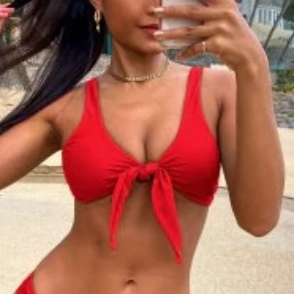 Zaful Red Bikini Top Small Size 4 Front Ties EUC